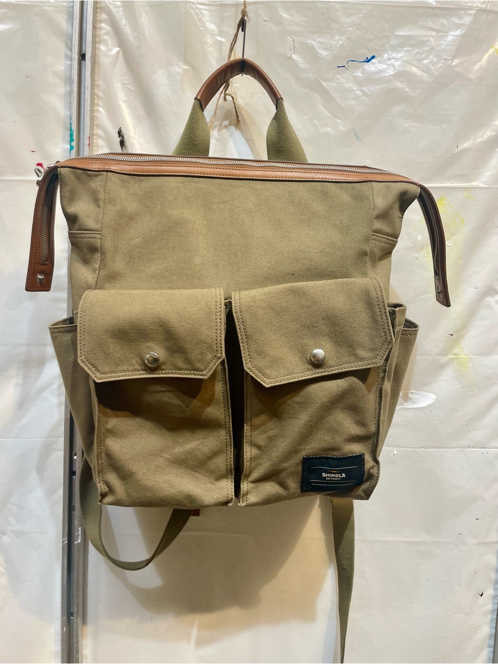 Shinola Olive Canvas Backpack with Brown Leather Trim
